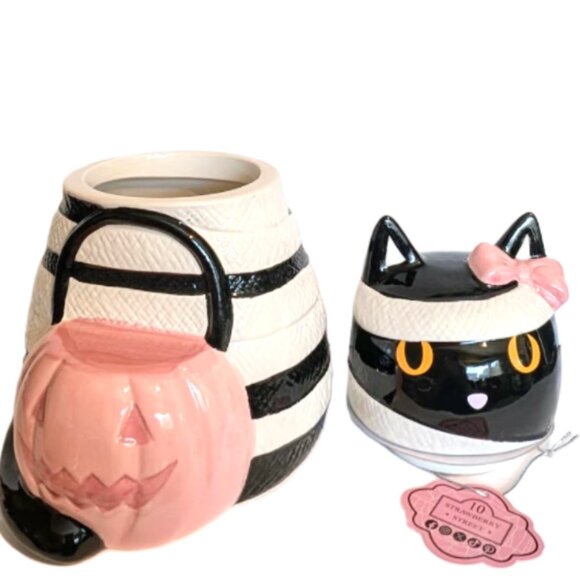 NWT Halloween White and Pink Mummy Cat Jar with Bow and Pumpkin Basket - Picture 6 of 6